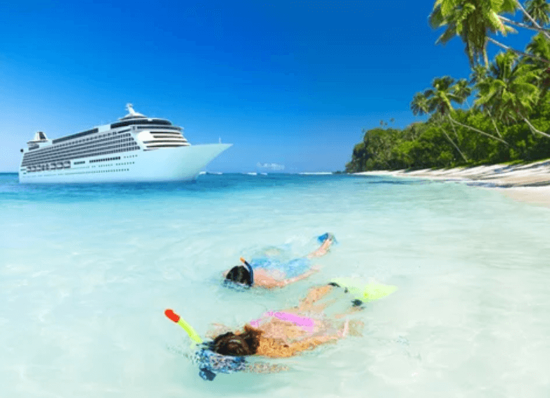 adventure cruises for families children snorkeling with a cruise ship in the background